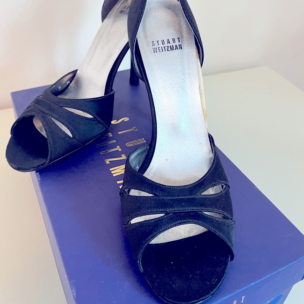 Stuart Weitzman Black Satin Peep Toe Heel